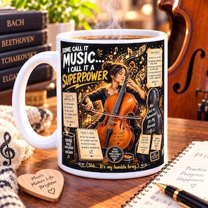 Könnte beinhalten: Ein weißer Keramikbecher mit einer Grafik einer Person, die Cello spielt, umgeben von Musiknoten und dem Text Some call it music... I call it a superpower, sowie Listen mit den Titeln Cellist's survival kit und Today's goal.