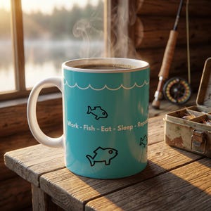 May include: A teal ceramic coffee mug with the words "Work - Fish - Eat - Sleep - Repeat" and fish illustrations. The mug is filled with coffee and sits on a wooden table, with a fishing rod in the background.