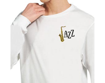 Embroidered Jazz Saxophone Long Sleeve T-Shirt: Soft Cotton Tee