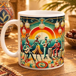 May include: White ceramic mug with a colourful illustration of a band playing music and people dancing. The design includes a sunset, lanterns, and a geometric tile floor. The mug has a curved handle.
