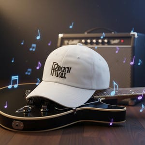 Może przedstawiać: Biała czapka z daszkiem z napisem "Rock'n Roll" w czarnych literach spoczywa na czarnej gitarze elektrycznej. W tle wzmacniacz gitarowy, a wokół sceny unoszą się nuty.