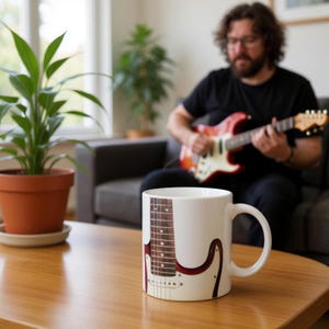 May include: White ceramic mug with a red and white electric guitar design. The mug has a curved handle and a detailed illustration of the guitar's neck and body. The background shows a person playing a guitar.