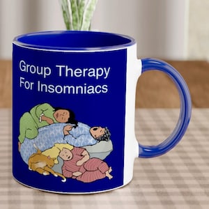 Quirky Insomniac Mug for Women: 11oz Ceramic Cup with Humorous Sleep Therapy Design with Cat, good night sleep, whimsical slumber humor