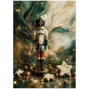 May include: A nutcracker figurine with a black hat, green jacket, and red trousers, standing upright. The figure features a white beard and painted facial details. It is surrounded by star-shaped biscuits and gold glitter accents.