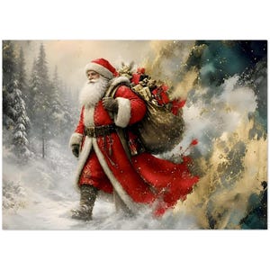 May include: A depiction of Santa Claus wearing a long red coat with white fur trim, carrying a large brown sack filled with wrapped gifts over one shoulder, walking through a snowy forest landscape with abstract gold and teal paint splatters.