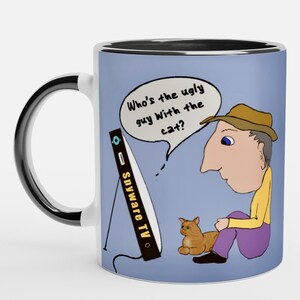 Taza de TV con software espía original: Taza de café de cerámica con dibujo a mano de un gato y un hombre, 325 ml, Tecnología, Privacidad de pantalla