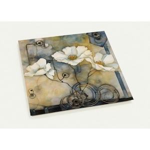 May include: Square art print featuring white flowers with yellow centers and dark stems. The flowers are set against a backdrop of muted blues, yellows, and grays, with mechanical-looking elements.