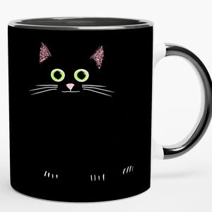 Taza de gato negro caprichosa, cerámica de 325 ml, con orejas rosas y ojos verdes: una taza de café única para amantes de los gatos.