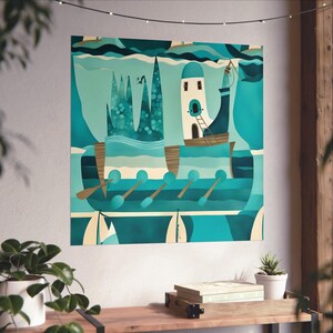 Kunstposters, grappig cartoonachtig schip met abstracte vormen en gezichtsfiguur, speels ontwerp