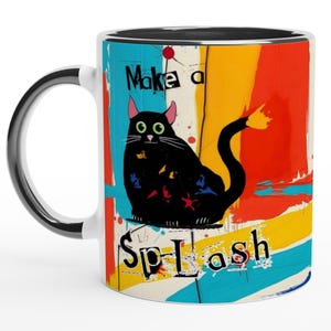 Taza de gato negro abstracto vibrante: taza de café artística y colorida, diseño de gatito inspirador, regalo para creadores, ¡cautiva!, inspirado en creadores.
