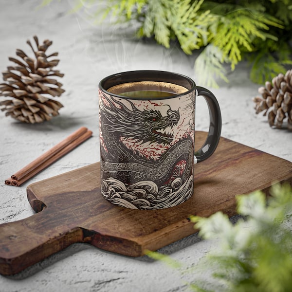 Dragon Mug, ceramic 11 ounces, faux wood block print dragon, red/black/white, fire breathing, Victorian look, original design with AI