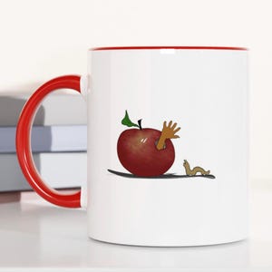 Kubek Worm and Apple, 11 uncji i 15 uncji ceramiczny kubek do kawy, wyjątkowy, dziwaczny, humorystyczny, zabawna grafika, dziwny kubek, prezent dla nauczyciela