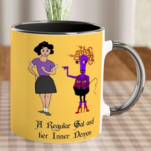 Quirky Inner Demon Cartoon Mug: Hand-Drawn 11oz Ceramic Cup for Ordinary Gals with Edgy Humor