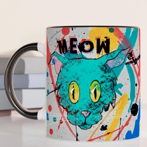 Psycho-Cat Mug, 11 Ounce Ceramic, Crazy Cat Design with Vibrant Abstract Splash Art, Ceramic, Colorful, Original Drawing, Extra Zoomie
