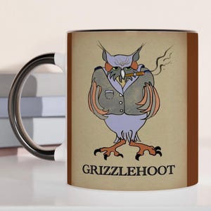 Vintage Owl Ceramic Mug - 11oz and 15oz, Grizzlehoot Quirky Design, Grumpy Bird Illustration, Funny Drinkware Gift for men man tease grandpa