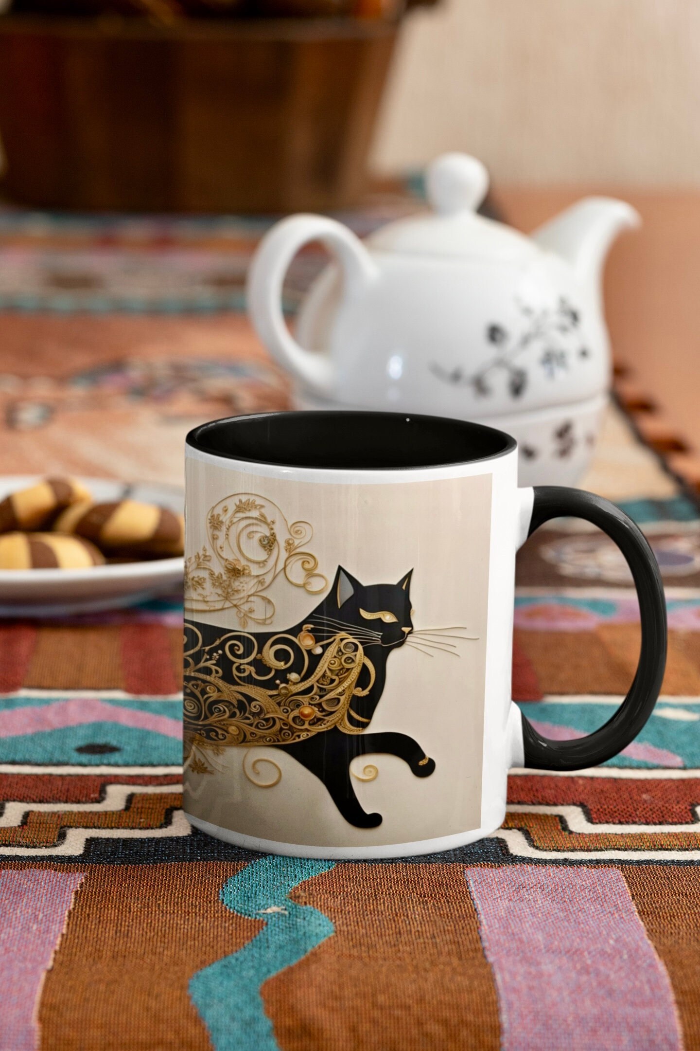 Beautiful black cat mug, 11 ounce ceramic, art deco long cat wrapped around mug, unique ornate cat design, gold filigree, original design