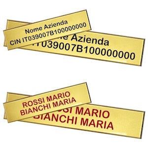 Può includere: Due targhette in metallo dorato con testo nero. La targhetta superiore riporta "Nome Azienda CIN IT039007B100000000". La targhetta inferiore riporta "ROSSI MARIO BIANCHI MARIA".