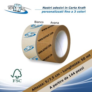 144 Pezzi Nastro Adesivo in Carta Kraft personalizzato H 5 o 7,5 cm x L 50 metri FSC riciclabile Bianco o Avana Imballaggio con il Tuo logo