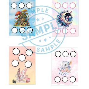 May include: Four colorful fantasy-themed cards with white circles. One card features a mushroom house, another a fairy on a crescent moon, a third a dragon, and the last a baby dragon. The word "SAMPLE" is stamped across the image.