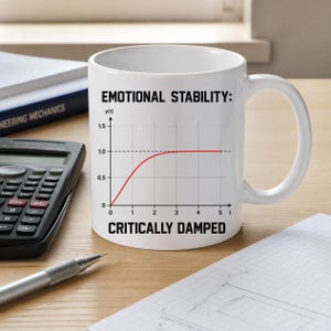 May include: A white ceramic mug featuring the black text "EMOTIONAL STABILITY:" at the top and "CRITICALLY DAMPED" at the bottom. Between the text is a black grid graph with a red curve line representing a system response over time.