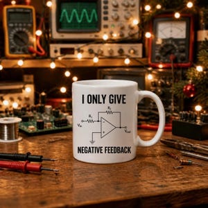May include: A white ceramic mug featuring a black printed operational amplifier circuit diagram with the text I ONLY GIVE NEGATIVE FEEDBACK. The mug has a standard handle and a smooth finish, displaying the schematic for an inverting amplifier.