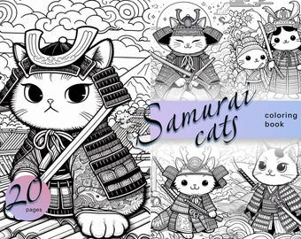 Samurai Cats Coloring Book | 20 Printable Pages | Japanese Warrior Cats | Instant Download