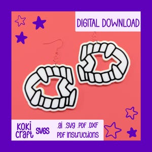 May include: A pair of white and black fang earrings with a pink background. The earrings are digital downloads in .ai, .svg, .pdf, and .dxf formats. PDF instructions are included.
