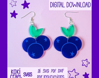 Blueberry dangle earrings SVG File, laser cut earrings, glowforge earring, foodie earring SVG, acrylic jewelry cut file