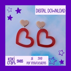 May include: Red and pink heart-shaped earrings with a cutout design. Digital download includes SVG, AI files and PDF instructions.