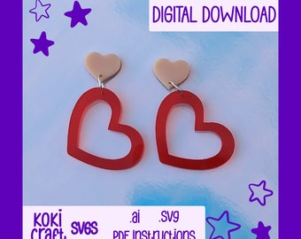 Valentines Big Heart Earring SVG File, heart earring digital template, acrylic jewelery cut file, instant download, glowforge earring file
