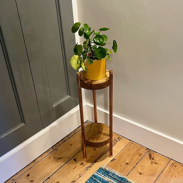 Solid oak and copper two-tier plant stand