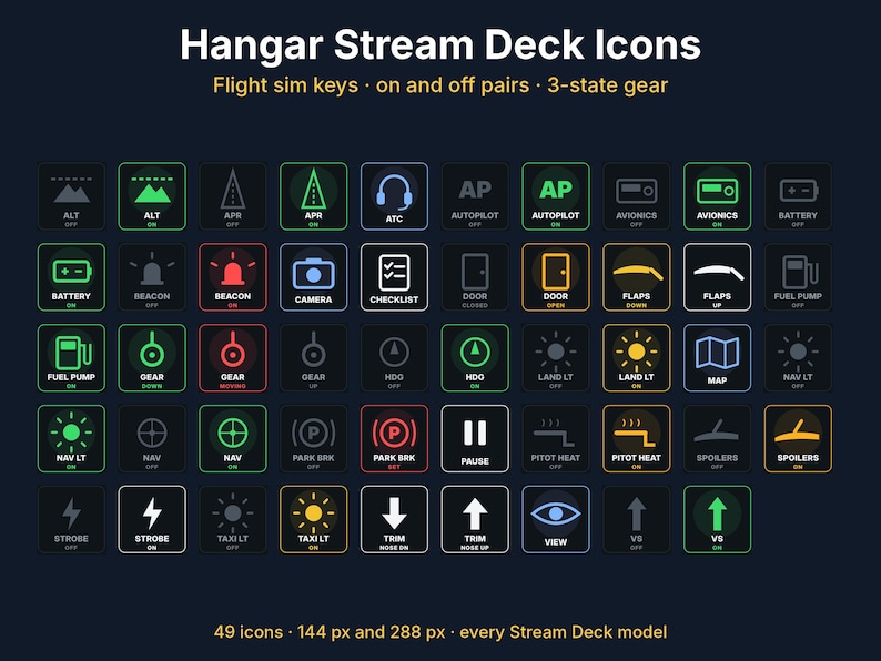 Flight Sim Stream Deck Icons, 49 Cockpit Keys, Autopilot, Gear, Flaps ...
