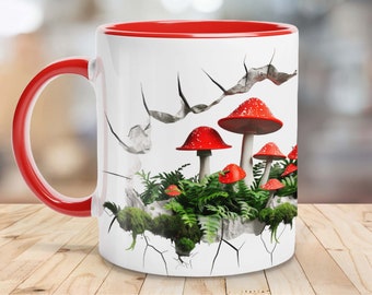 Enchanted Forest Mushroom Mug, 3d Effect Magical Red Toadstool Garden Coffee Cup, Cottagecore Fantasy Fungi Nature Lover&#39;s Drinkware