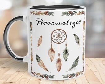 Personalized Dreamcatcher Mug, Boho Feather Coffee Cup