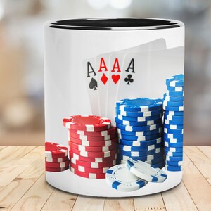 Aces High Poker Mug - Quad Aces Playing Cards & Chips Design for Casino Lovers, Unique Poker Night Gift, Coffee Cup for Card Players