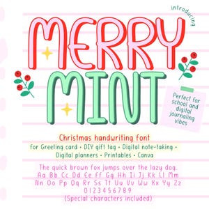 Peut inclure: Graphique présentant la police d'écriture manuscrite "MERRY MINT" aux couleurs de Noël, rouge et vert. Idéale pour les cartes de vœux, les agendas numériques et plus encore. Comprend l'alphabet complet et les chiffres.