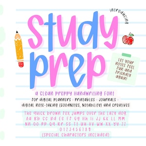 May include: A digital font design with the words "Study Prep" in pink and blue, with a pencil and apple illustration. The font is described as a clean, preppy handwriting style for digital planners, printables, journals, and note-taking.