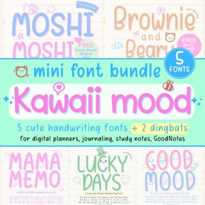 Kawaii Mood Font Bundle – 5 Cute Handwriting Fonts with 2 Dingbats for Digital Planners, Note Taking, Journaling | OTF + TTF handwritten