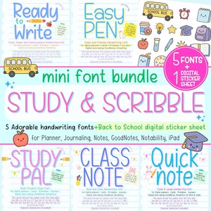 Könnte beinhalten: Ein Bild, das ein Mini-Schriftarten-Bundle mit fünf entzückenden Handschrift-Schriftarten und einem digitalen Stickerbogen zeigt. Die Schriftarten sind für Planer, Journale, Notizen und iPad-Nutzung gedacht. Der Text enthält "Ready to Write", "Easy Pen", "Study & Scribble", "Study Pal", "Class Note" und "Quick Note".