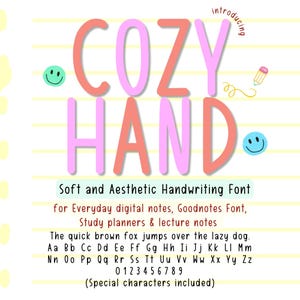 May include: A digital graphic featuring the words "COZY HAND" in a soft, rounded font with pink and coral coloring. The text below reads "Soft and Aesthetic Handwriting Font" with examples of the font's use and a full alphabet.