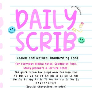 May include: A digital graphic featuring the words "DAILY SCRIB" in large, pink, bubble letters. The image promotes a casual handwriting font for digital notes, study planners, and lecture notes. Includes a full alphabet and numbers.