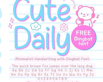 Cute Daily Font +FREE Dingbat Font | Kawaii Handwriting Font for Note Taking, Digital Planner, Goodnotes, School Notes, Procreate, Notion