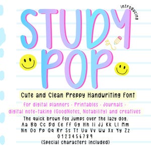May include: A digital font display titled STUDY POP in blue and purple gradient lettering on a lined paper background. It features two yellow smiley faces, a pencil icon, and text showcasing the alphabet, numbers, and usage examples.