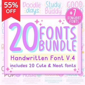 手書きフォントバンドル V.4 – 20種類のキュートですっきりとした手書きフォント + 7種類のDingbat（メモ、日記、デジタルプランナー、Canva、Goodnotes、iPad用）
