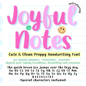 Peut inclure: Graphique avec les mots "Joyful Notes" en rose, avec une ombre bleu clair. Le texte comprend un smiley et l'expression "Cute & Clean Preppy Handwriting Font". L'alphabet, les chiffres et les caractères spéciaux sont également inclus.