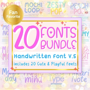 Puede incluir: Un paquete de productos digitales con 20 fuentes manuscritas. El gráfico principal es un diseño enmarcado en rosa y dorado con las palabras "20 FONTS BUNDLE" en letras rosas grandes. También se incluye el texto "Handwritten Font V.5" y "includes 20 Cute & Playful fonts".