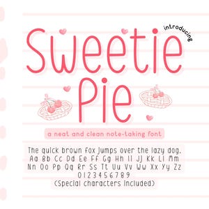 Könnte beinhalten: Ein rosa-weiß gestreifter Hintergrund mit dem Text "introducing Sweetie Pie" in einer rosa handschriftlichen Schriftart. Der Text wird von einer kleinen Illustration einer Kirsch-Torte mit einem rosa Band begleitet. Unter dem Text befindet sich eine Beschreibung der Schriftart, "a neat and clean note-taking font", gefolgt vom Alphabet und den Zahlen in der gleichen Schriftart.