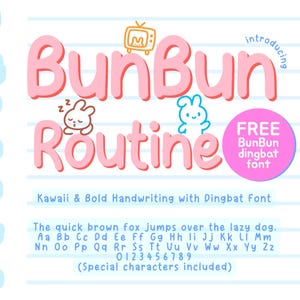 Pode incluir: Uma fonte rosa e azul chamada "BunBun Routine" com um estilo kawaii. A fonte inclui letras maiúsculas, letras minúsculas, números e caracteres especiais. A fonte é gratuita para download.