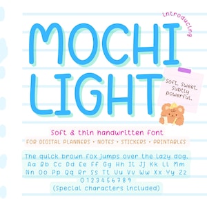Mochi Light - Police d'écriture manuscrite fine et mignonne, police d'écriture manuscrite soignée pour agendas numériques, notes, cartes, GoodNotes, journaux et projets imprimables