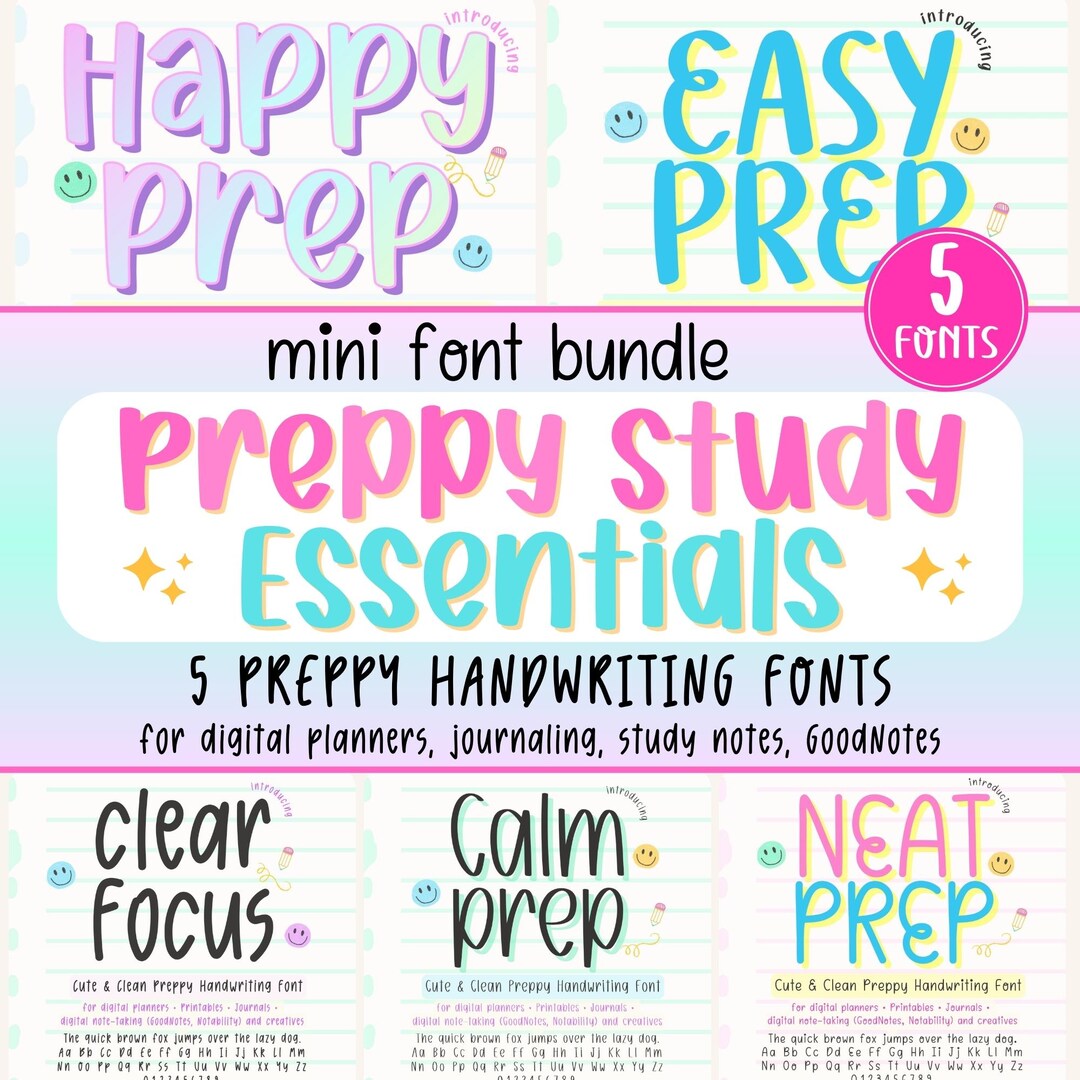 Preppy Note Setup Preppy Study Mini Bundle, Neat Handwriting Font Set for Planner ...
